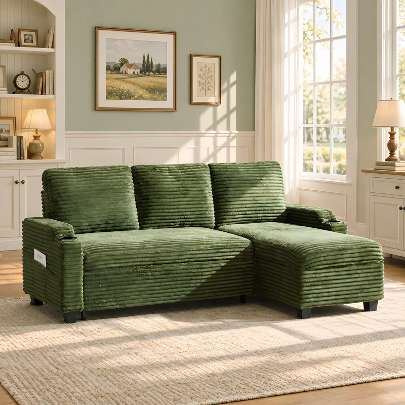 L‑Shaped Corduroy Pull‑Out Sofa Bed with USB Charging, Cup Holders & Storage Chaise, Green