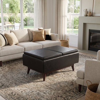 Owen 34"W Small Upholstered Coffee Table Storage Ottoman with Flip-Over Tray Top and Solid Wood Legs