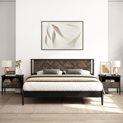Verlie 3 Pieces Bedroom Set, Acacia Solid Wood King Bed Frame with 2 Matching Nightstands