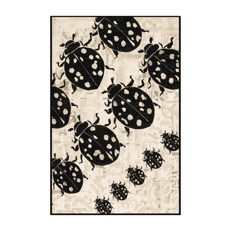 Tapis moelleux moelleux à motif de coccinelles d'inspiration mondiale en beige - reliure noire, 6 X 9