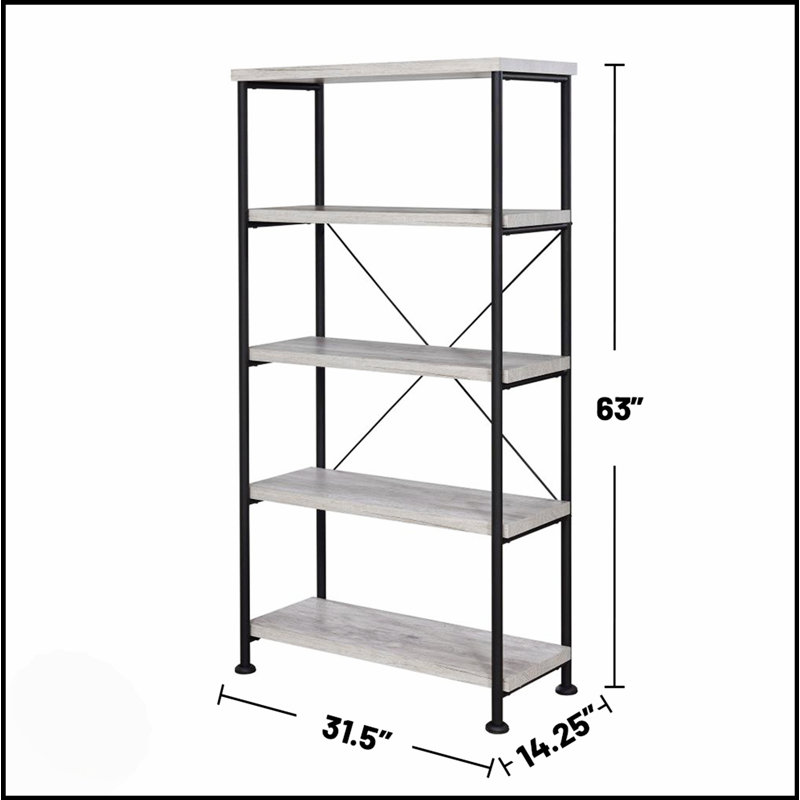 4-Shelf Bookcase With Metal Frame In Grey Driftwood, Combining Modern Design And Robust Storage Solutions For Any Space.