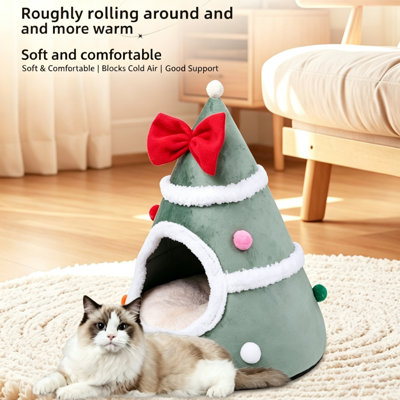 Niche pour chat en forme de sapin de Noël, lit d'hiver chaud et douillet en velours, semi-fermée, adaptée aux chats et aux petits chiens