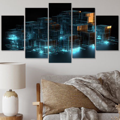3D Cityscape Future Architecture Turquoise II - Futuristic Architecture Wall Decor - 5 Panels
