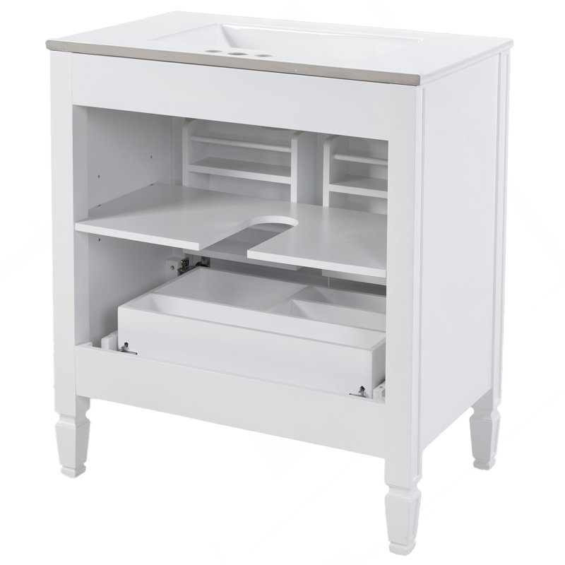 Meuble-lavabo blanc de 30 po sans assemblage requis avec lavabo en céramique, deux portes à fermeture en douceur et tablette réglable, style campagne moderne