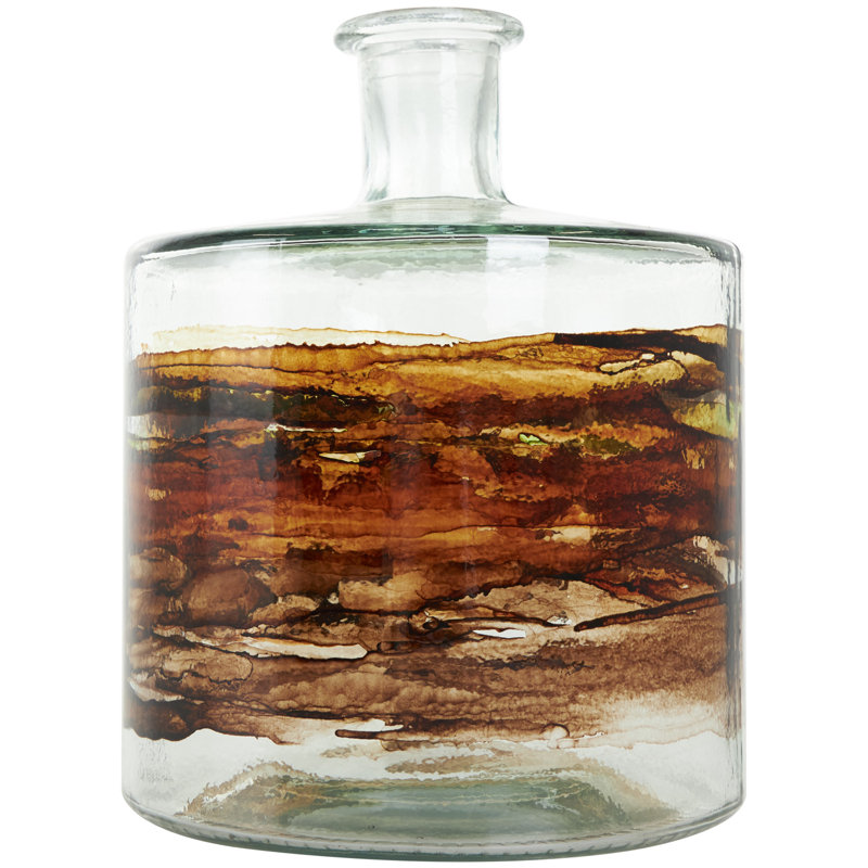 Donsha Recycled Glass Abstract Decorative Clear Vase with Swirled Colored Glass Bands, 10.4" H x 8.05" W x 8.05" D, Clear