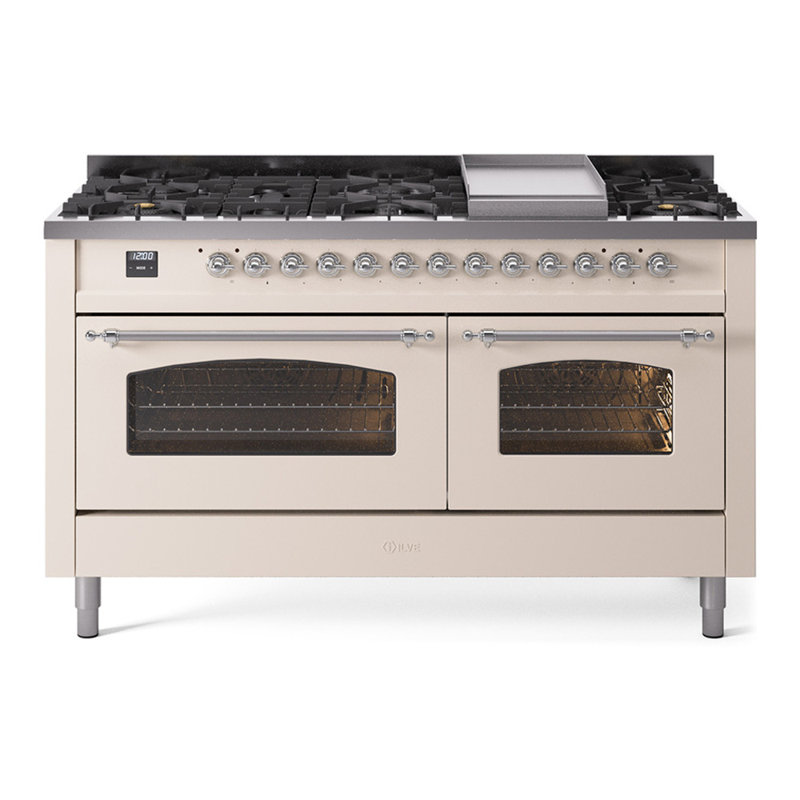 ILVE Nostalgie II Series 60 inch Dual Fuel Range with 9 Sealed Burners, Griddle (Glass Door), Antique White/Chrome