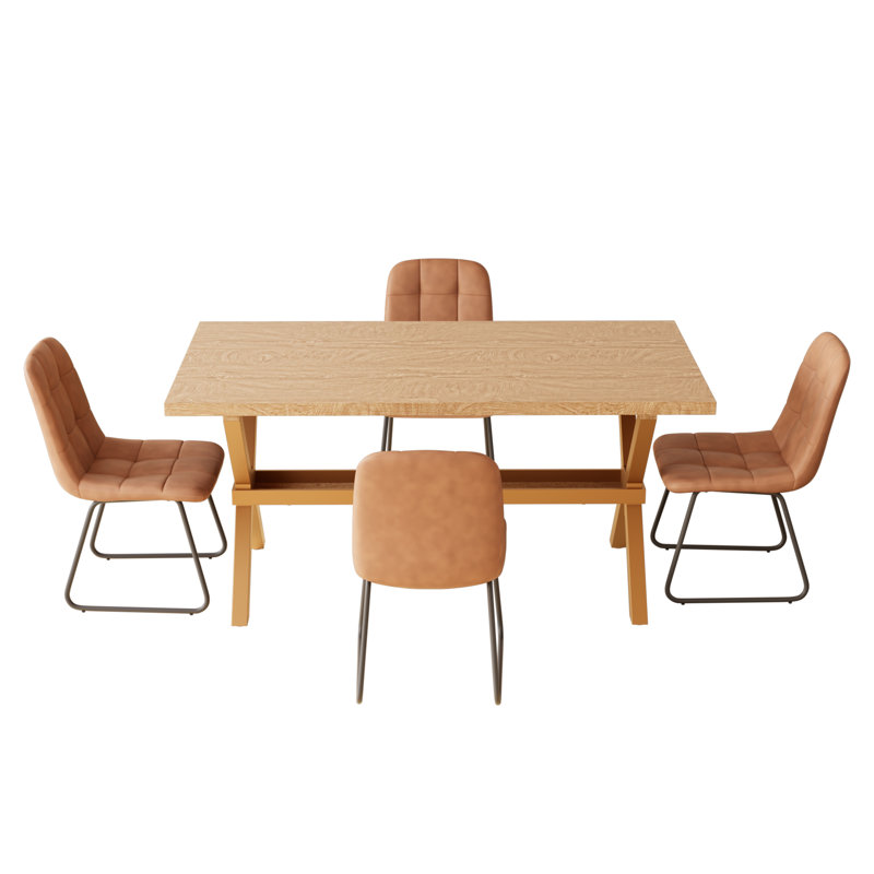 Kitchen Dining Set, 63'' Dining Table with 32.8'' Upholstered Dining Chairs(Table 4Chairs), Brown, 5 Pieces: Table, 4 Chairs
