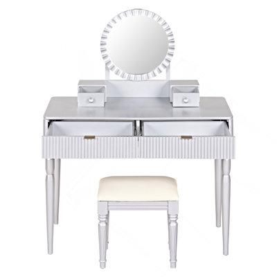 Ensemble de coiffeuse de luxe avec miroir rond, hauteur réglable, coiffeuse, 4 tiroirs et tabouret