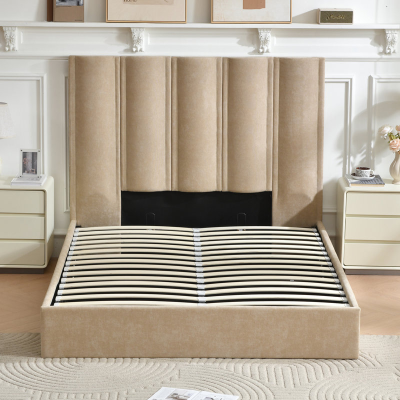 Braya 51.6" High Headboard Hydraulic Lift Up Storage Upholstered Platform Bed,Beige,Queen, Beige, Queen