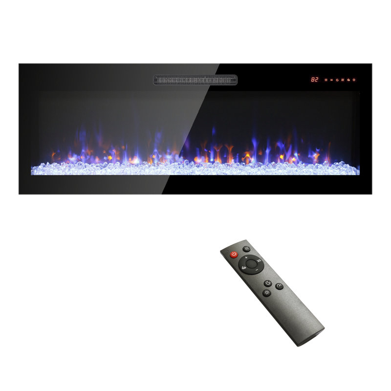 Foyer électrique encastré mince avec télécommande, flammes multicolores, lumière DEL et chauffage pour maisons modernes
