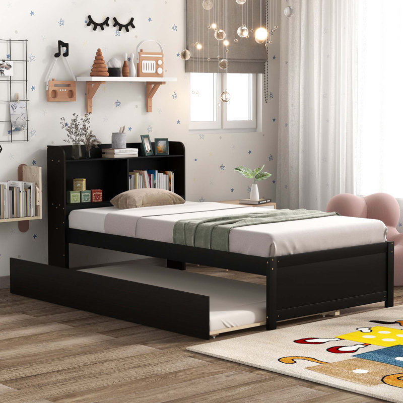 Twin Bed With Trundle,Bookcase, Lit simple, Espresso