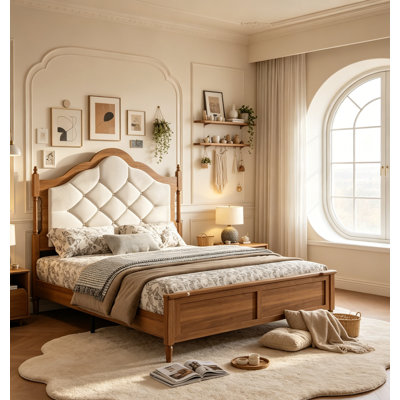 French Wood Platform Bed with Upholstered Headboard and Footboard, Farmhouse Bed Frame with Underbed Storage Space for French Cottage Bedroom, Queen Size, Brown