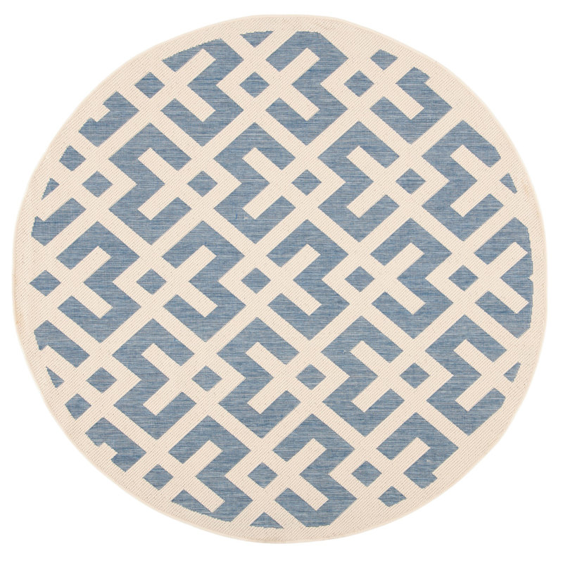Tapis intérieur / extérieur bleu / blanc à motif géométrique Arneshia, Rond 7 pi 10 po