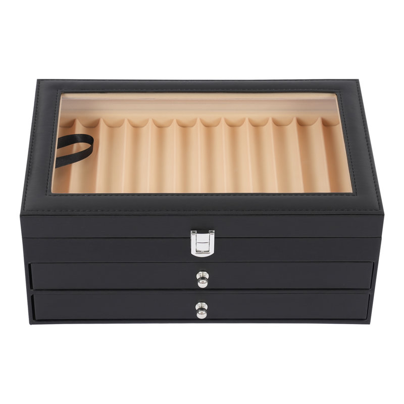 36-Slot PU Leather Pen Display Box With Glass Window, Black