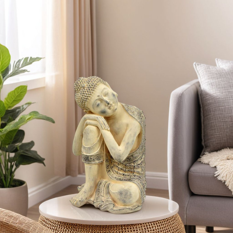Figurine décorative de Bouddha au repos, résine beige antique, 14 pouces