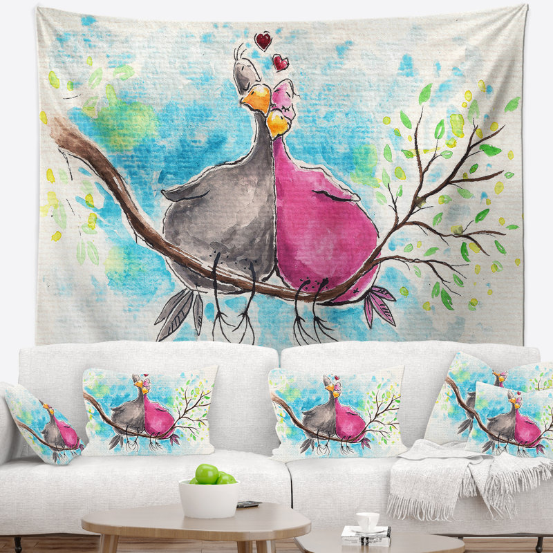 Tapisserie deux oiseaux en amour sur une branche, H 68 po x l 80 po
