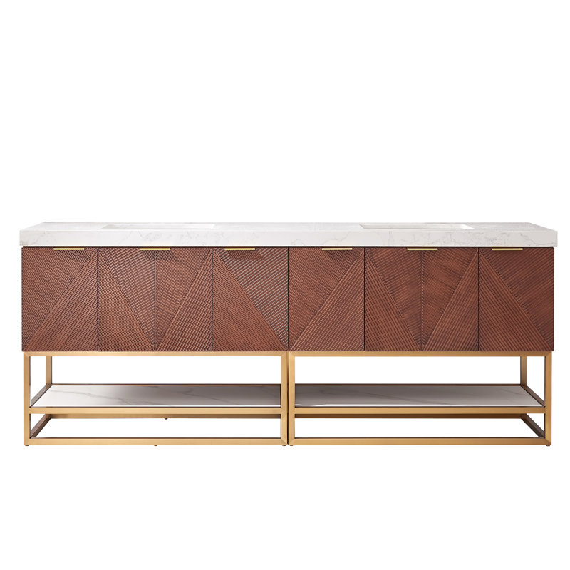 Mahon 84'' Free Standing Double Bathroom Vanity with Artificial Stone Top, Brushed Gold, Gold