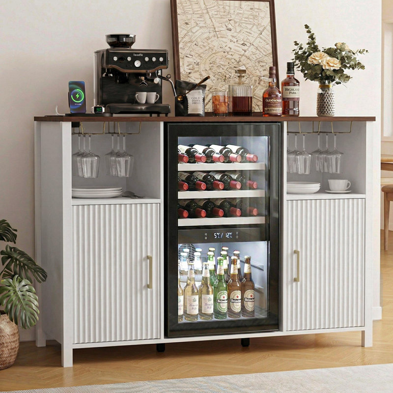 53" Fluted Coffee Bar Cabinet with Power Outlet, Mini Fridge Space & Glass Holder, White