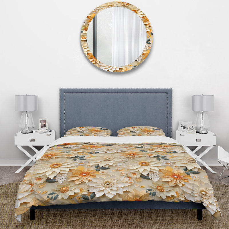 White And Beige Dahlia Floral Bloom I - Ensemble de housse de couette à motif floral