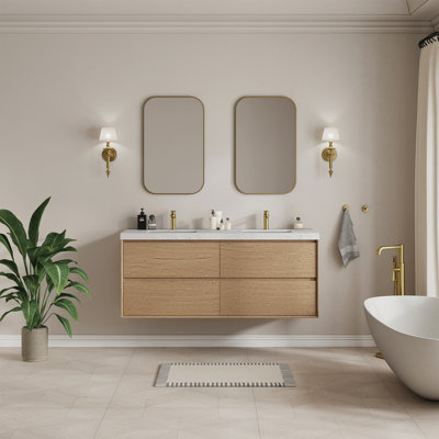 Solenne 60 In. Double Sink Wall Mounted Floating Bath Vanity In Natural Oak With White Carrara Engineered Stone Top