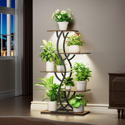Black Curved Corner Plant Stand, 44-Inch 5-Layer Metal Structure + Grow Light, Suitable For Indoor Plant Display In Living Room, Terrace And Other Pla by Arlmont & Co.