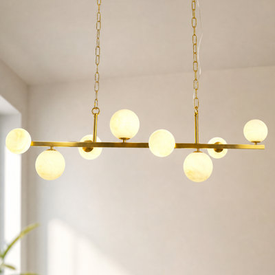 8-Light Brass Modern Linear Chandelier Kitchen Island Pendant Light with Faux Alabaster Glass Shade