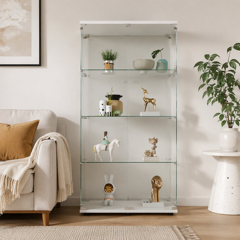 Two-Door Glass Display Cabinet 4 Shelves With Door, Floor Standing Curio Bookshelf For Living Room Bedroom Office, 64.7"*31.7"*14.3"