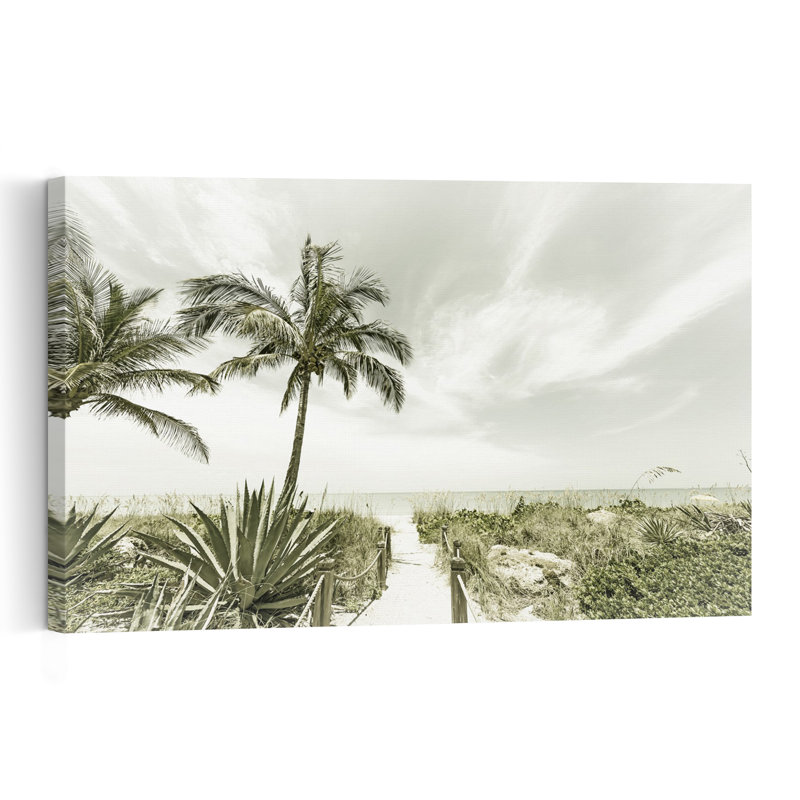 Vintage Tropical Beach Path Retro Vintage Abstract Palm Tree Coastal Wall Art Print, 24" H x 36" W