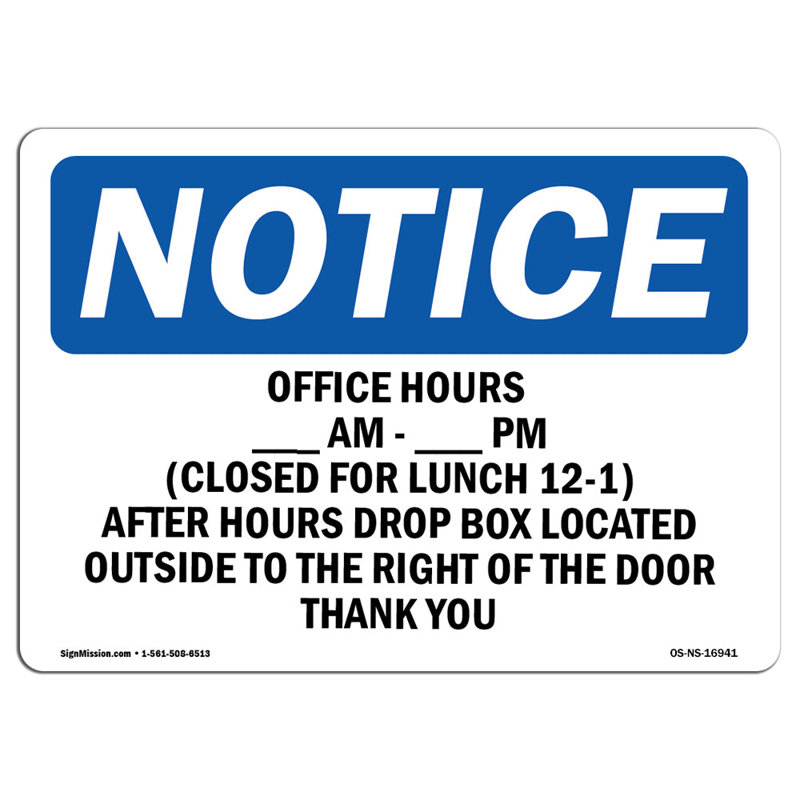 Panneau «Office Hours Am Pm Clos» 12-1, 18'' H X 24'' W