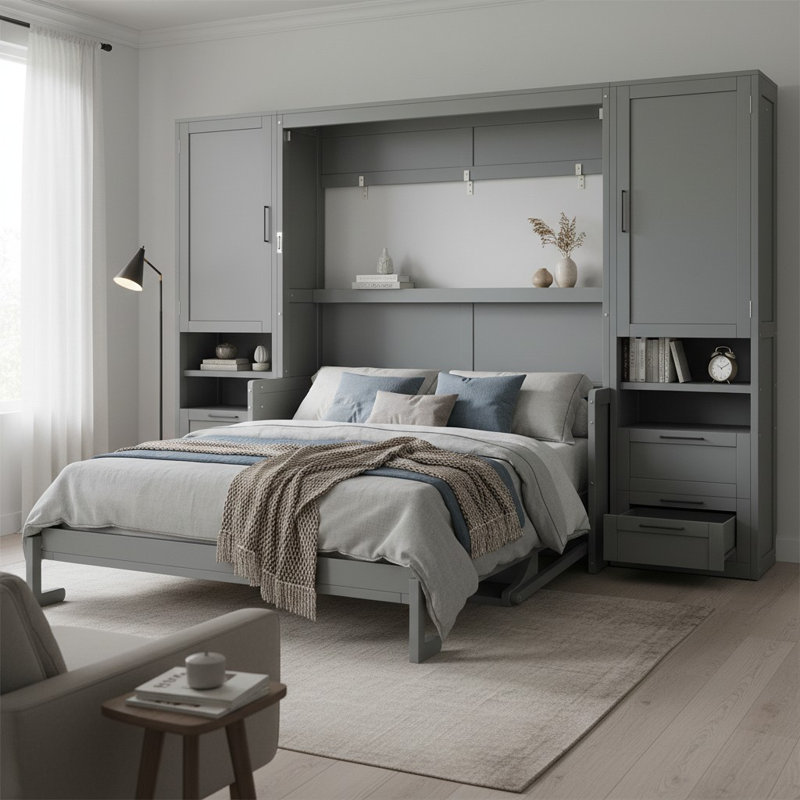  Lit escamotable, lit escamotable avec garde-robe et bureau, bois, tiroirs et étagères de rangement, moderne et contemporain, pièce multifonctionnelle