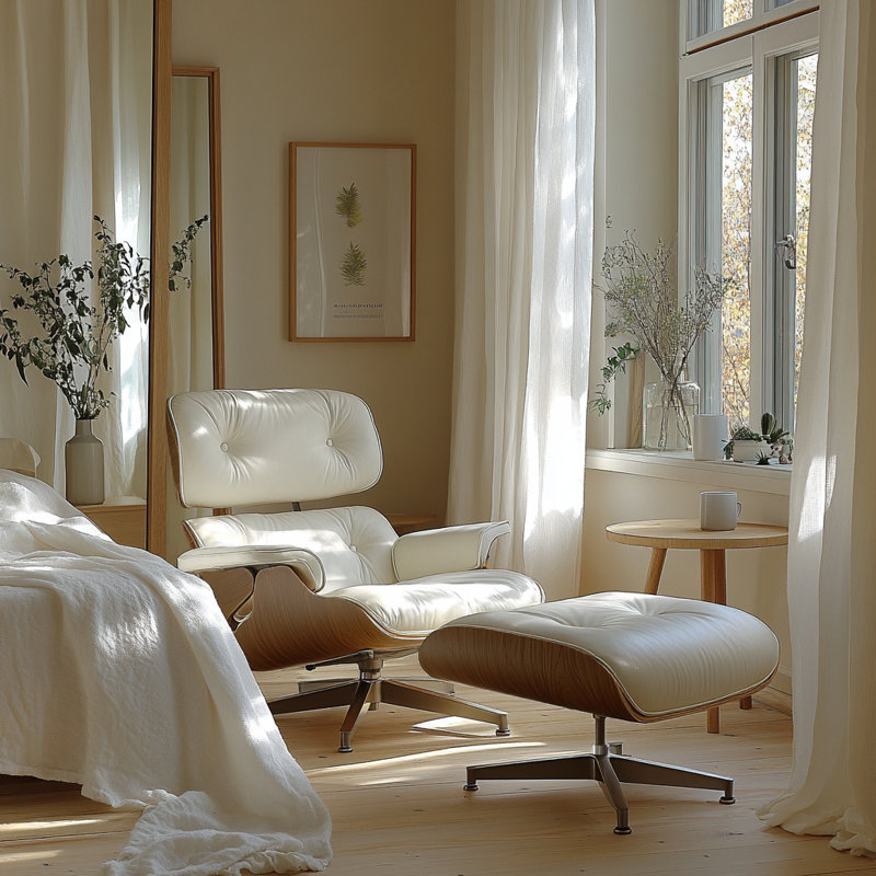 Real Leather lounge chair with Solid Wood, Dark Wood White Genuine Leather