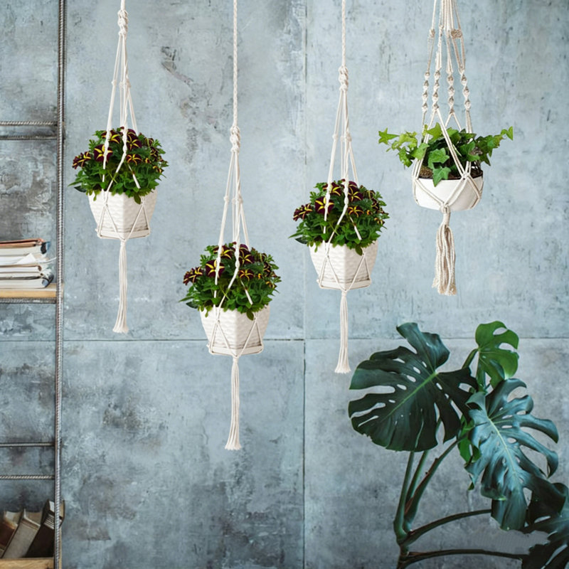 4 ensembles de paniers suspendus en macramé de coton et polyester blanc bohémien, cuisine rustique pour l'intérieur et l'extérieur