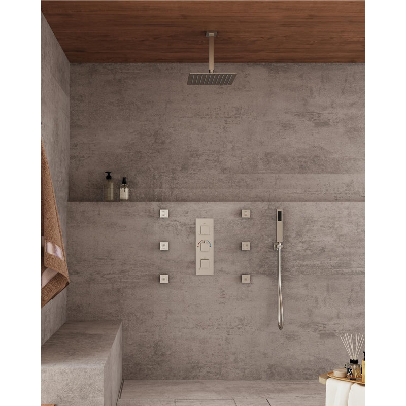 Herathena 3 Functions Ceiling Mounted Thermostatic Shower System with 6 Body Jets, Brushed Nickel