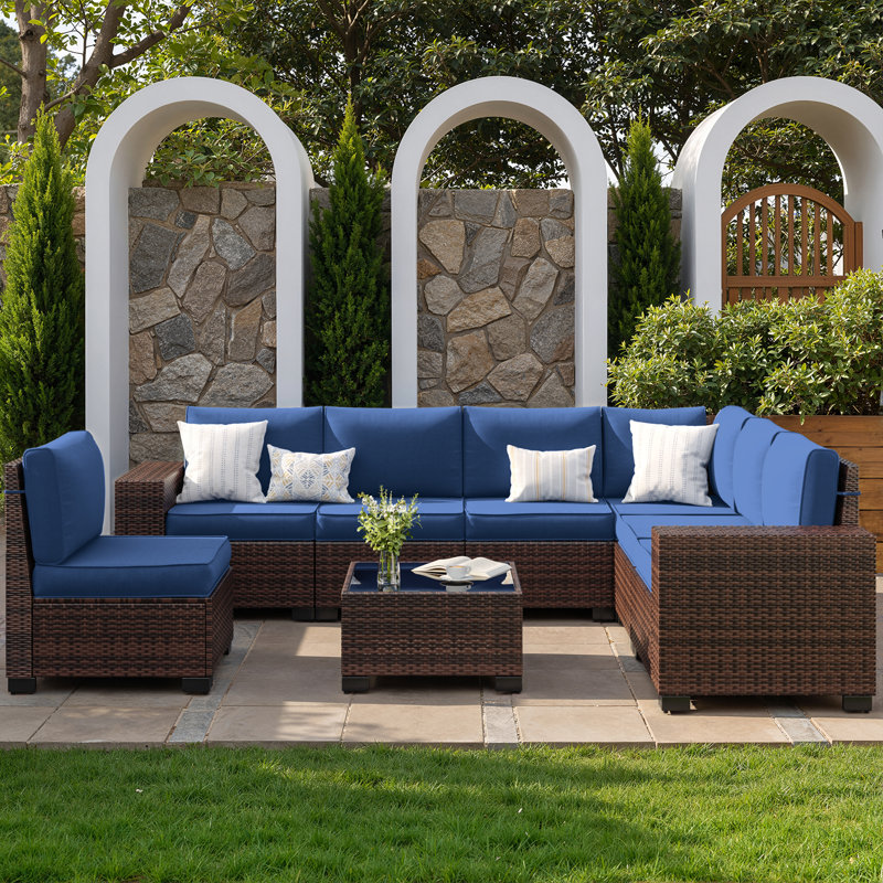  Ensemble de conversation modulaire en osier pour 7 personnes avec coussins, Marine, Brun