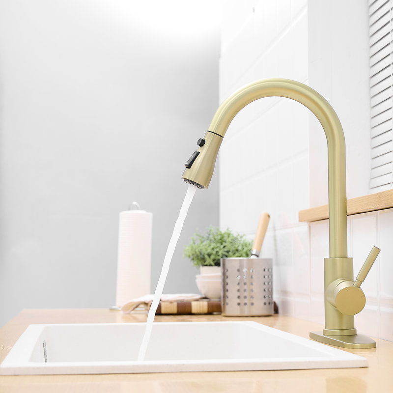 Nickel Gold Kitchen Tap With Deck Plate And Pull-Out , Single Handle, 360 Swirling Shower Spray, Ceramic Filler, Stainless Steel, Classic Faucets Faucet Pull Out Single-Handled, Turning Spray