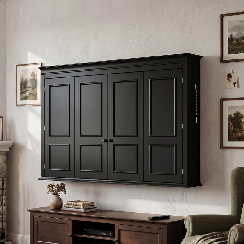 Meuble télé noir à fixation murale pour téléviseur de 60 po ou moins, panneau de télé pliant à panneau avec verrous latéraux et fermeture magnétique