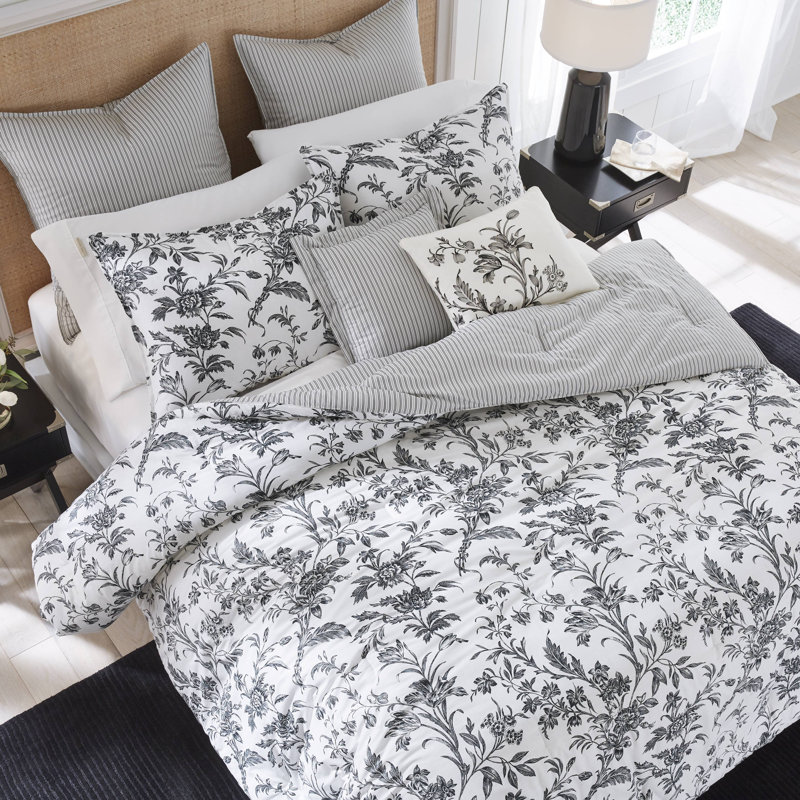 Laura Ashley Amberley Cotton Black Comforter Bonus Set, King Comforter + 4 Shams + 2 Throw Pillows