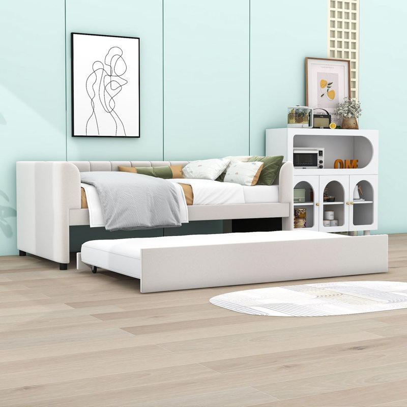 Chelcie Twin Size Velvet Upholstered Daybed with Twin Size Trundle, Beige