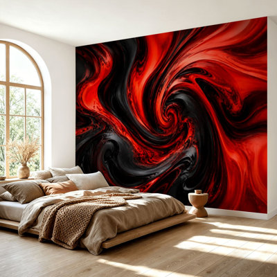 Papier peint adhésif mural en marbre rouge noir abstrait, art liquide, art fractal pour papier autocollant amovible, décoration murale pour salon, chambre à coucher H 69 po x l 96 po