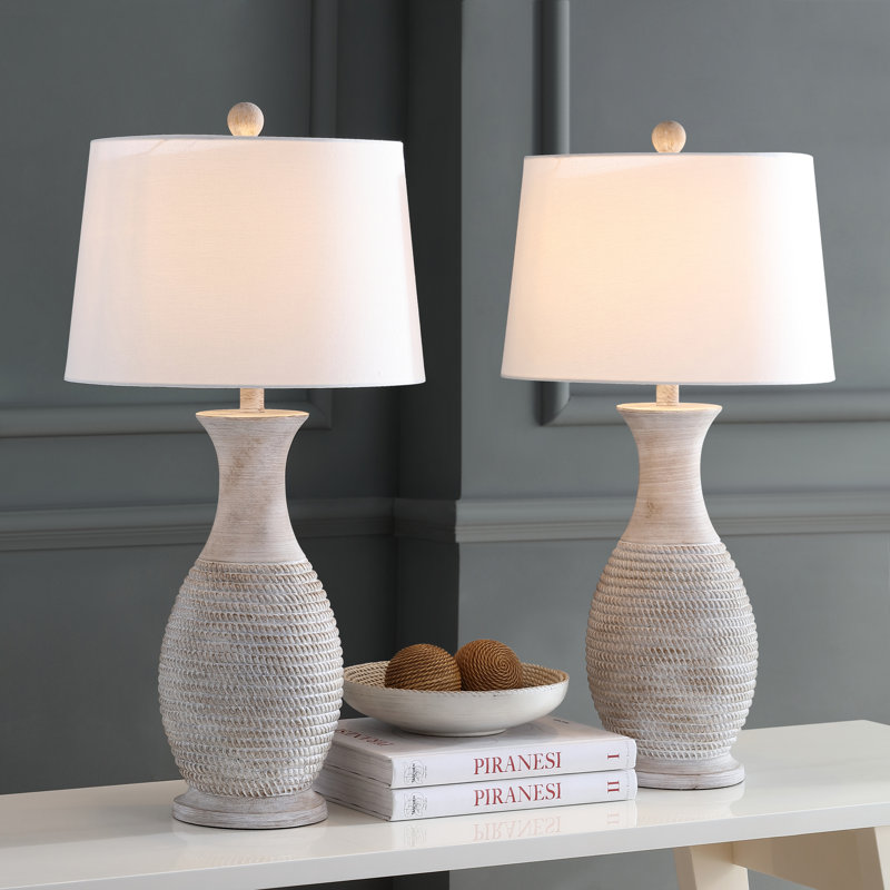 Gray and White Coastal Resin Table Lamp Set with Empire Shade