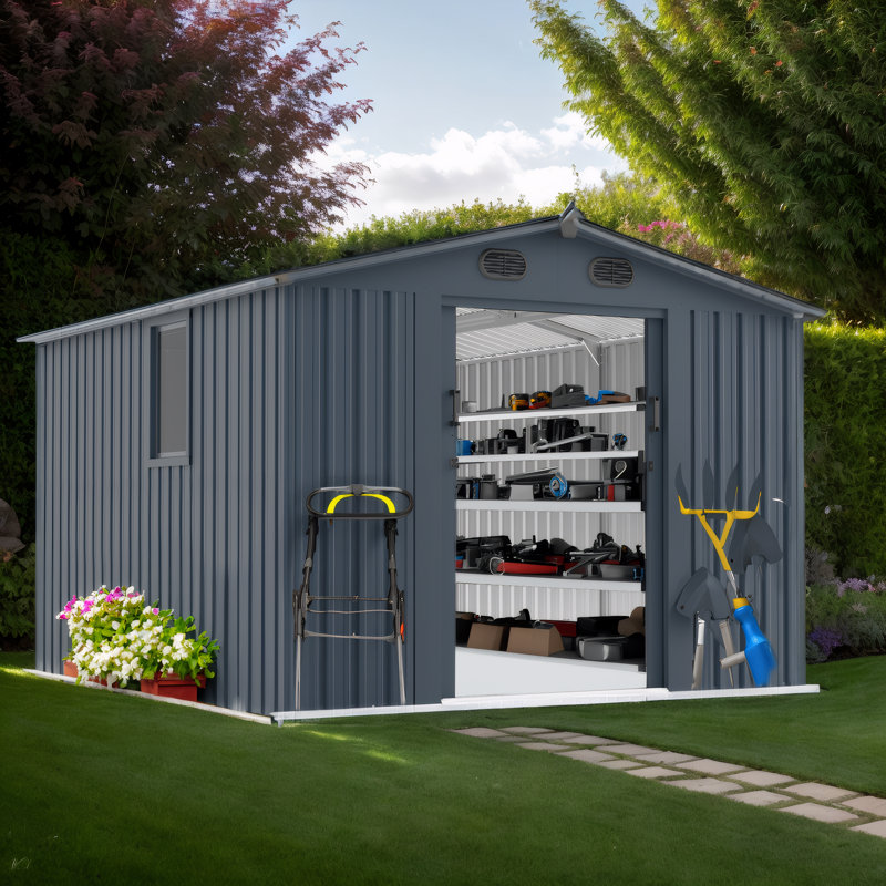 Dark Grey 8x10 FT Metal Garden Shed, Outdoor Storage Shed with Lockable Doors & Window for Backyard, Patio, Lawn