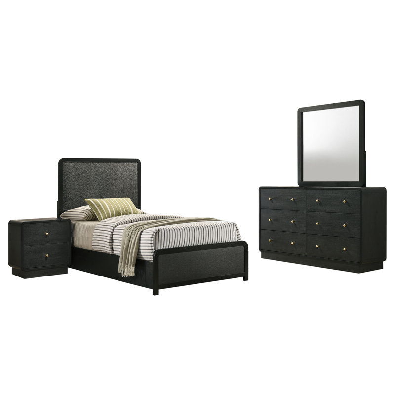 Ensemble de chambre à coucher simple 4 pièces Cavelle - noir, Lit simple, Ensemble de 4 pièces : lit, table de chevet, comm
