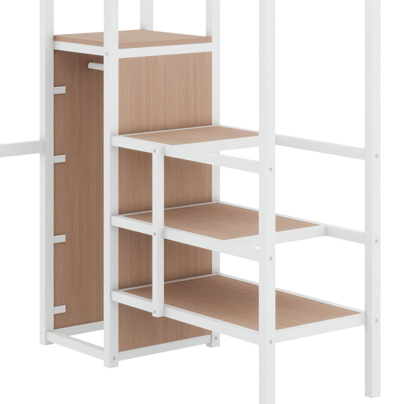 Loft Bed With Desk And Metal Grid, Stylish Metal Frame Bed With Lateral Storage Ladder And Wardrobe, Twin, Black