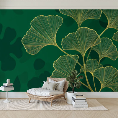 Papier peint adhésif peler et coller de luxe Ginkgo doré ligne artistique émeraude vert Papier contact amovible pour décoration murale H 100 po x l 144 po