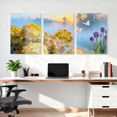 Hortensia et tulipe, paysage floral, peinture à l'huile sur toile, ensemble de trois panneaux pour le salon ou la chambre à coucher (ensemble de 3)