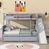 Twin Over Full Bunk Bed With 2 Drawers, Slide, Shelves, Ladder, Rubber Wood Bunk Bed With Slide, Drawers