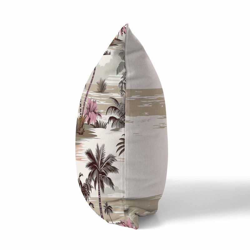 Coussin décoratif réversible intérieur / extérieur Tropical Beach, H 16 po x l 16 po, Brun / beige / rose