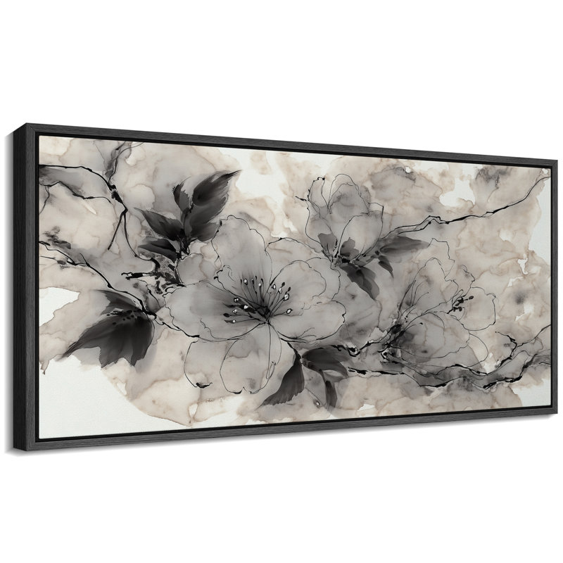 "Black and White Floral Art", très grandes photos, impression sur toile encadrée, H 30 po x l 60 po x P 1,5 po, Noir