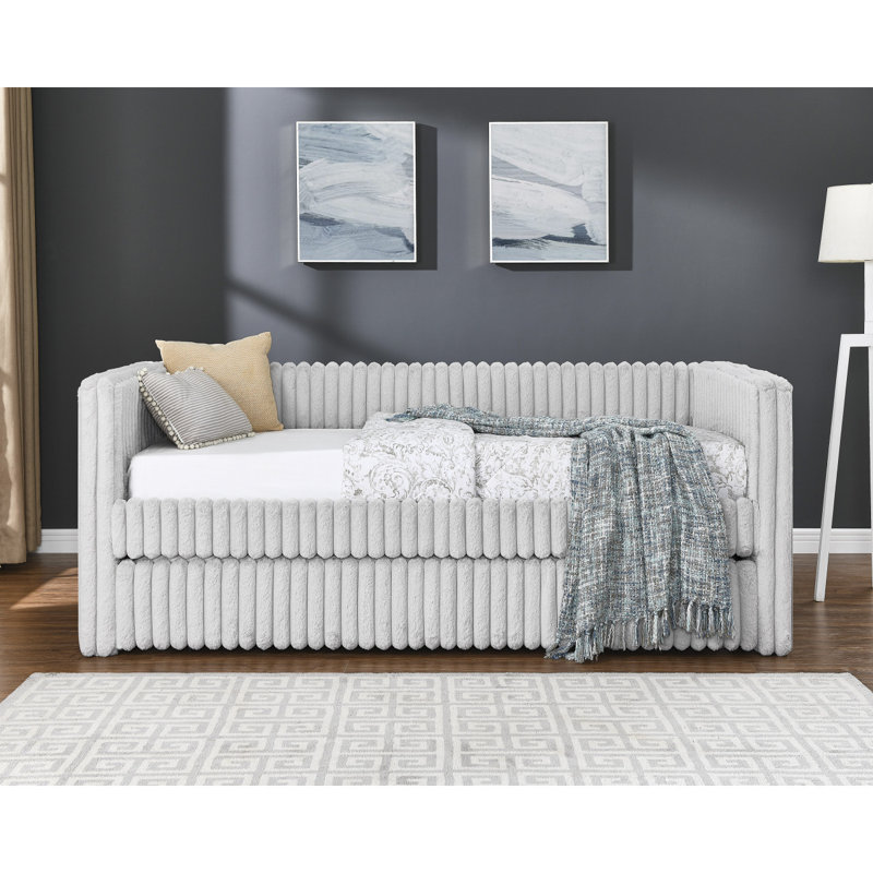 Beautiful 1Pc Modern Daybed Tufted Plush Channel Tufting Upholstery Armrest Pull Out Trundle Bedroom Living Room Furniture