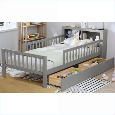 Twin Size Pinewood Storage Bed Frame with 3-Side Guardrails, 2 Under-Bed Drawers &amp; Headboard Storage, Gray